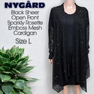 Bianca Nygard Black Sheer Open Front Sparkly Rosette Emboss Mesh Cardigan